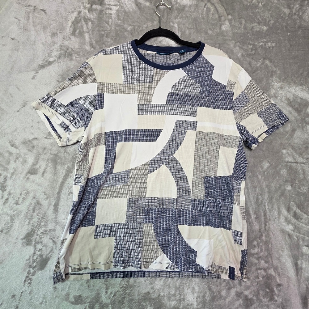 Perry Ellis Mens XL Abstract Geometric Print Cotton Crew Neck T-Shirt Navy Tan